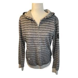 Viss LA Striped Surf Hoodie Sweatshirt Gray Black Knit Full Zip Long Sleeve M